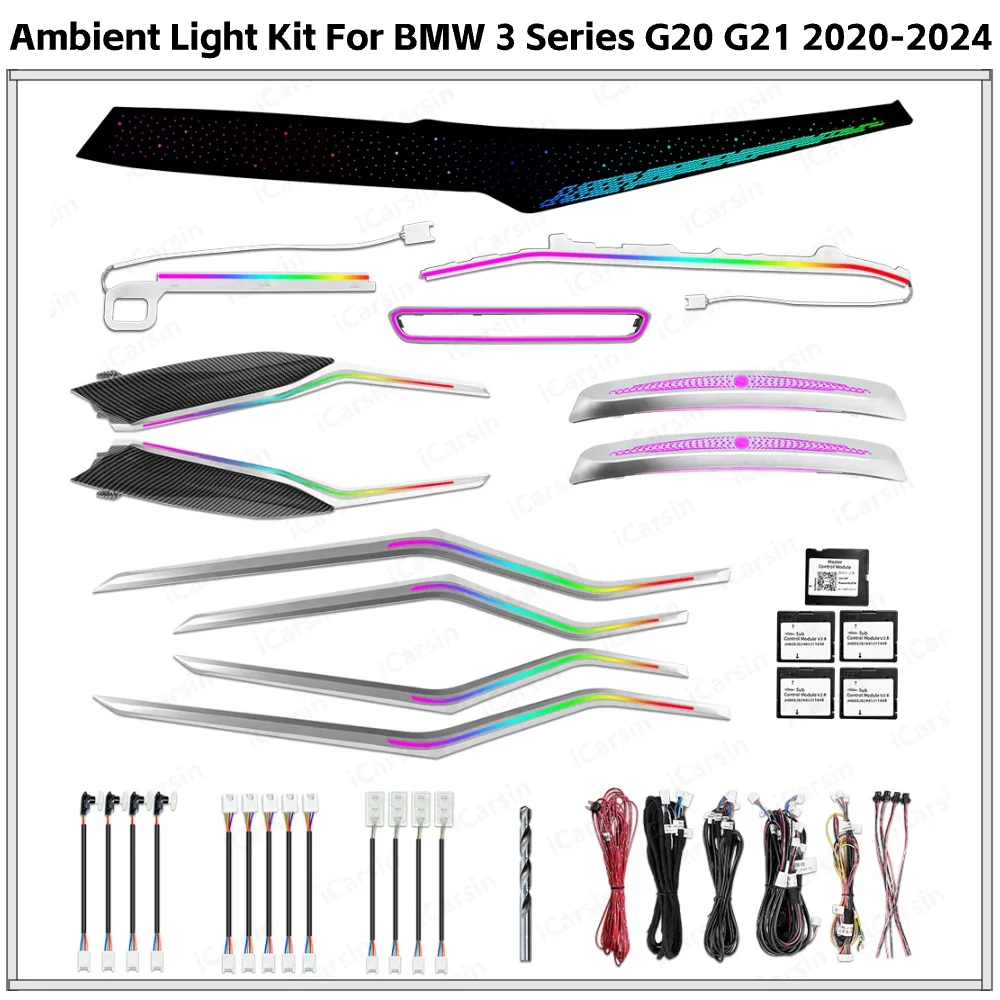 

APP Controlled 64 Color LED Ambient Lighting for BMW 3 Series G20 G21 2020-2024 Interior Atmosphere Strip Upgrade Kit