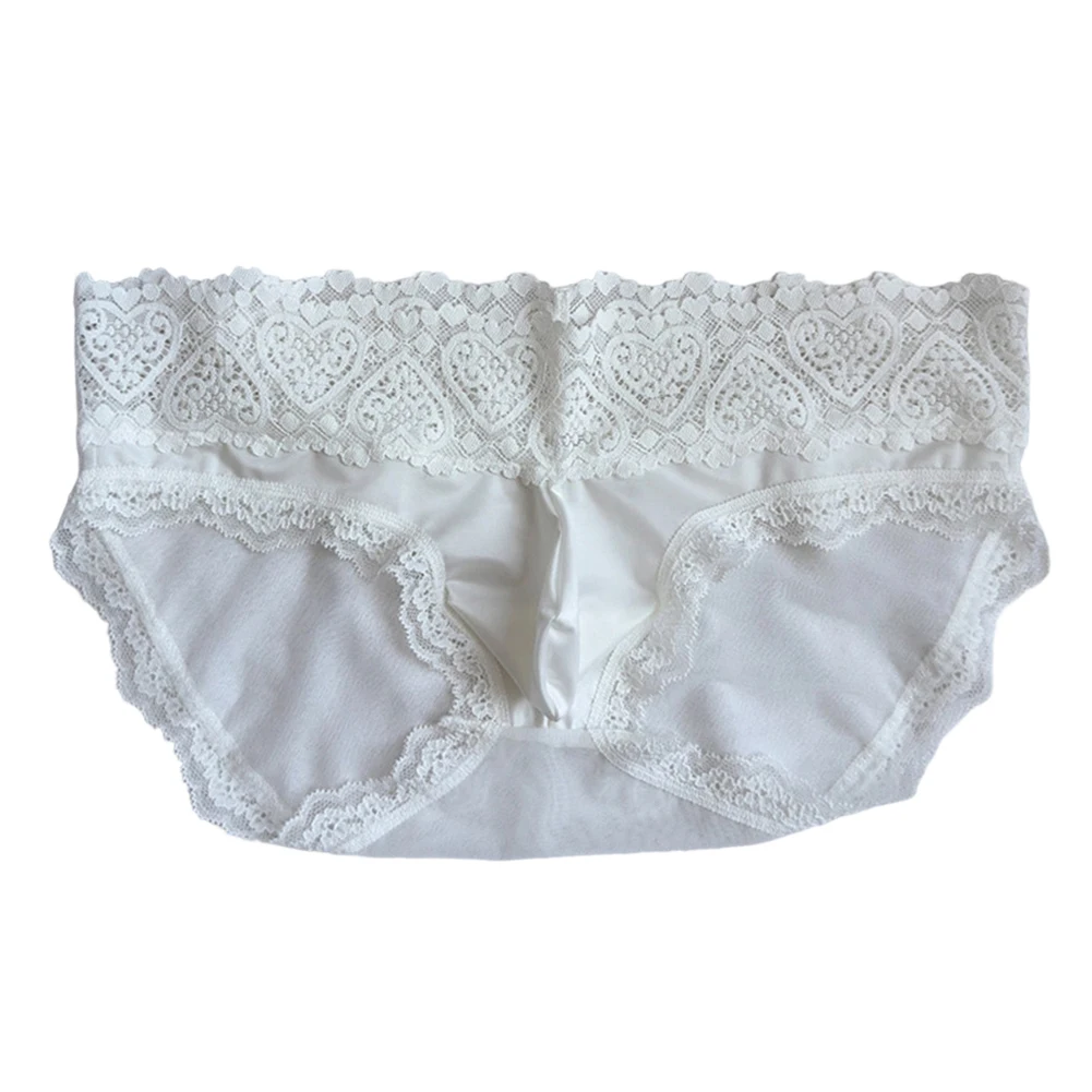 Men's Lace Mesh Perspective Briefs Sexy Low Rise Satin U Convex Underpant Lace Trim Ultra-Thin Breathable Underwear Quick Dry