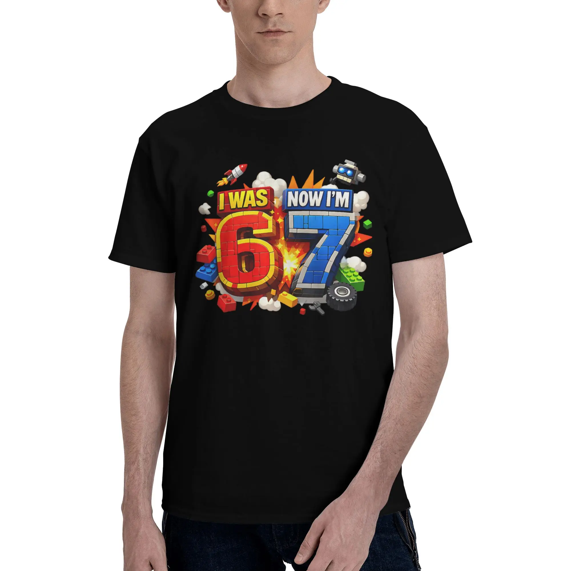 I was 6 Now I'm 7 Birthday 67 Meme Building Brick Kids Funny Graphic 100% Cotton T-Shirt Funny Meme Tees Tops For Men