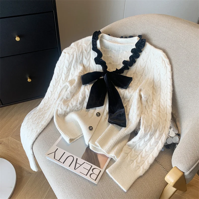 V-Neck Twists Knitted Cardigan Coat Women Autumn Winter New Stringy Selvedge Puff Sleeve Sweater Oversized Cardigan Mujer Pink