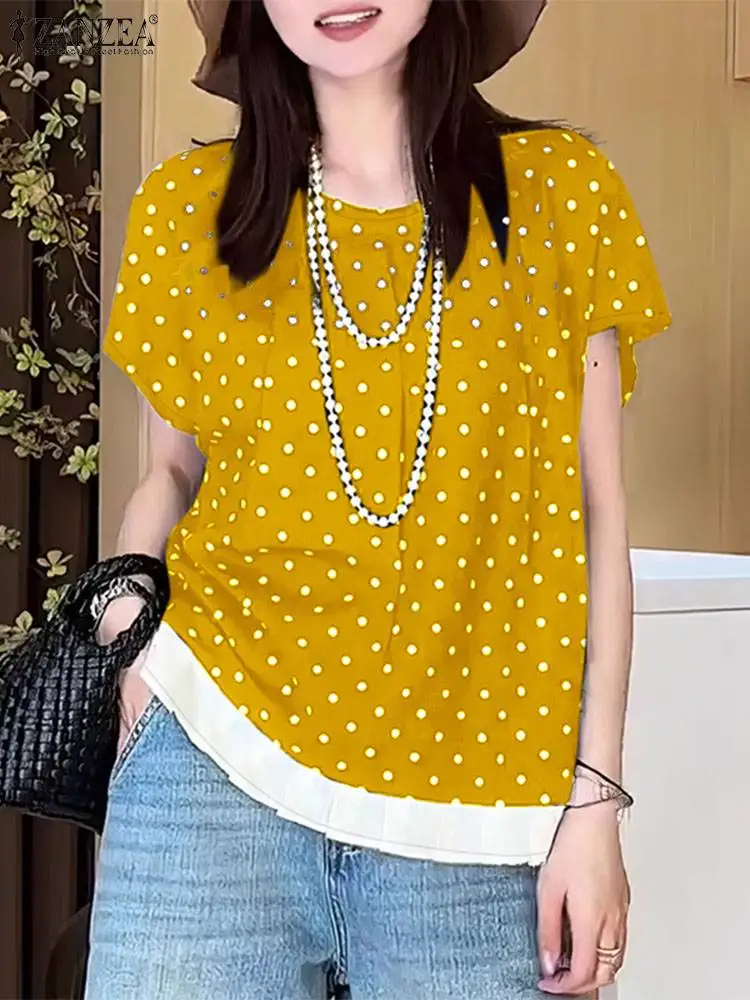 ZANZEA Bohemian Polka Dot Printed Blouse Women Summer Short Sleeve Holiday Tops Casual Pleated Shirt Female Loose Party Blusas