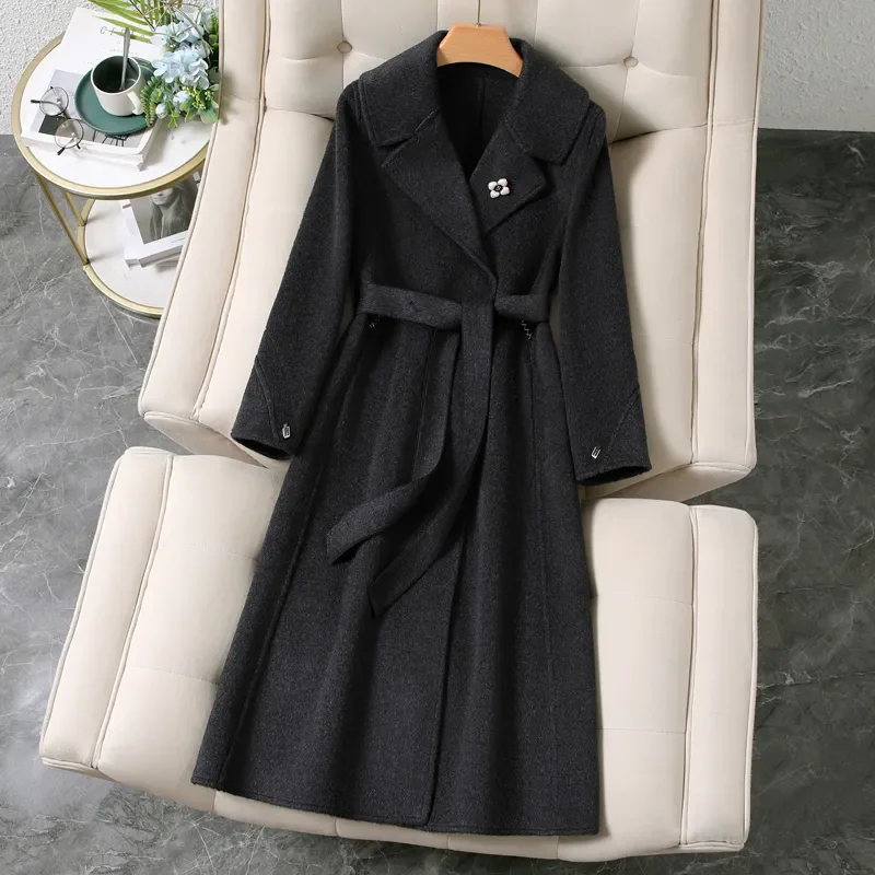 2025 Autumn Winter New Wool Woolen Coat Women Suit Wool Overcoat Belt Double-faced Wool Jackets Female Windbreaker Outerwear