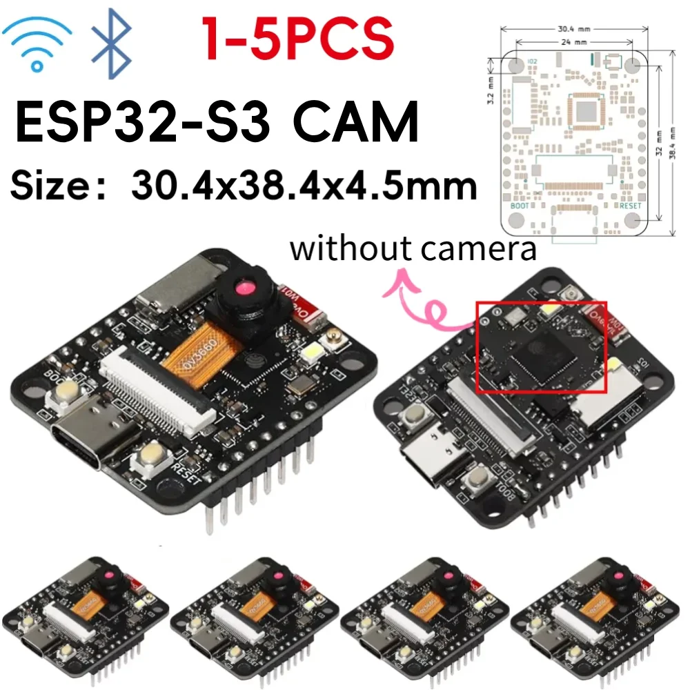 ESP32-S3 CAM Dev Kit, 8MB PSRAM 8MB Flash, Integrated USB-C Uploader & Battery Charger, OV3660, WiFi+Bluetooth AI Camera Module