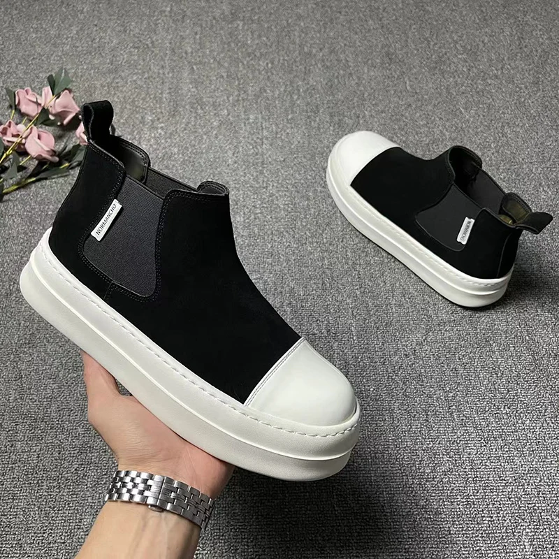 mens fashion punk rock dress chelsea boots slip-on cow suede leather shoes cowboy flats platform boot black stylish ankle botas