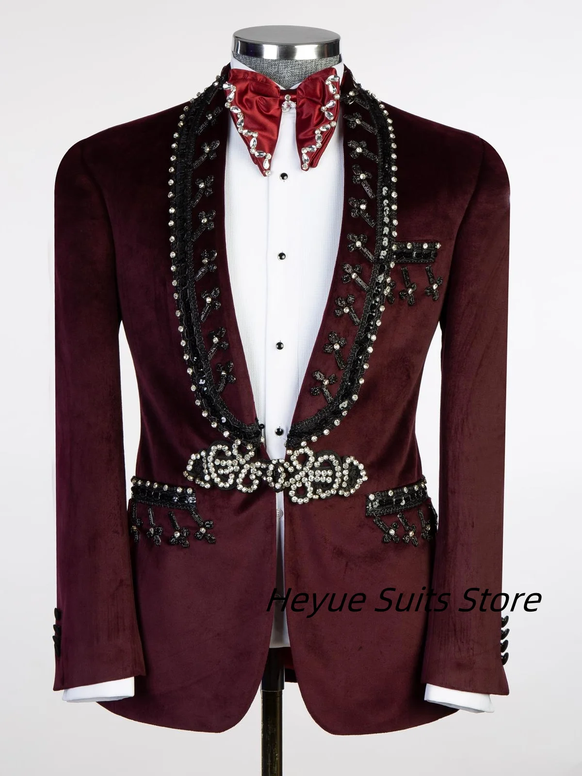 Elegant Velvet Beads Diamond Men Suits Shawl Lapel Groom Tuxedos Wedding 2 Pieces Sets Male Prom Blazers Customized ropa hombre