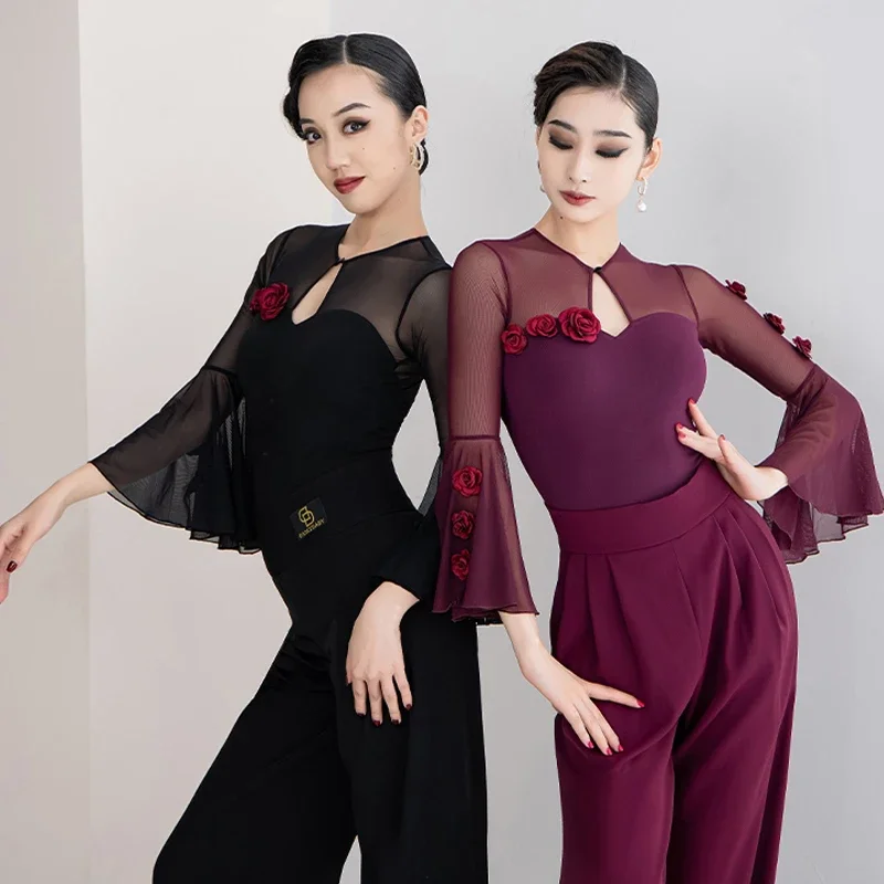

New Mesh Sleeves Practice Top Women'S Waltz Ballroom Dance Performance Tops Adults Tango Samba Latin Dancing Clothes