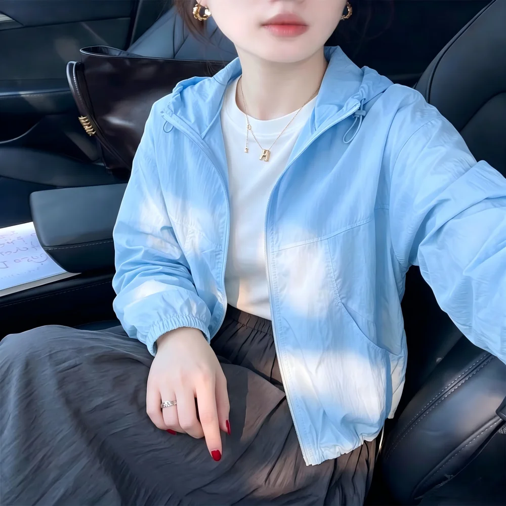 

Outdoor Women's Light Jacket Summer New Hat Integrated Pure Color Sun Protection Clothing Casual Versatile Thin Outerwear