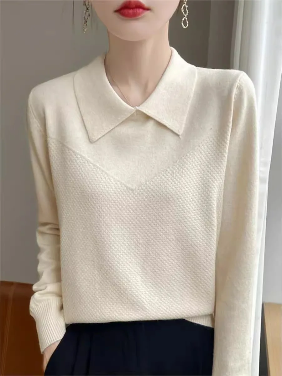 

Ретро-свитер с отложным воротником, длинный вязаный базовый топ для женщин, осенний дизайн, модный внутренний слой