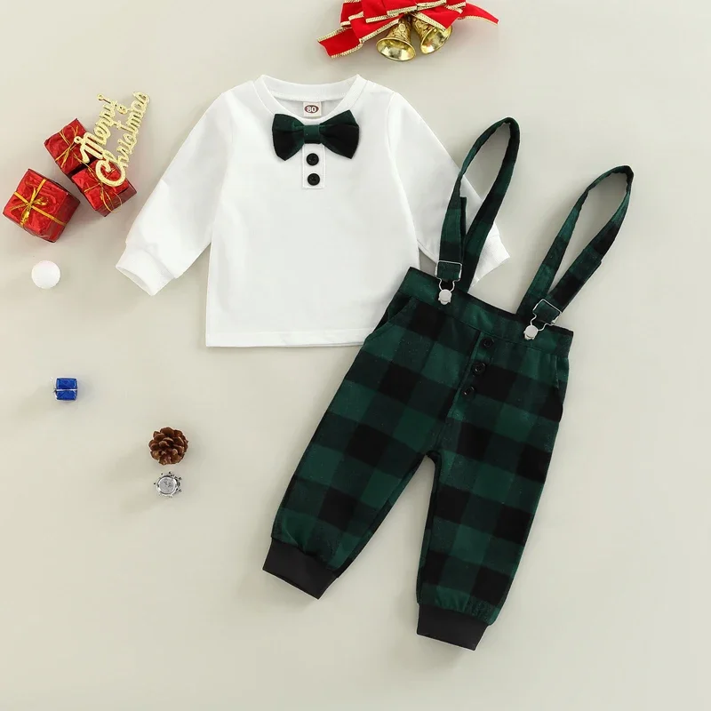 0-18M Boys Baby Party Christmas Clothes Set Long Sleeve Bow-tie Tops Plaid Suspender Pants Toddler Boys Overalls Party Outfits