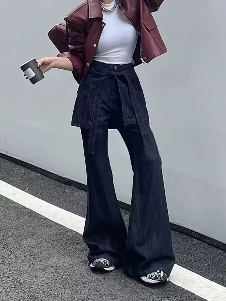 

High Waist Bell Bot Denim Jeans Women's Autumn Design Sense Fake Two-Piece Belted Wide Leg Pants Skirt Drapey Floor-Length...