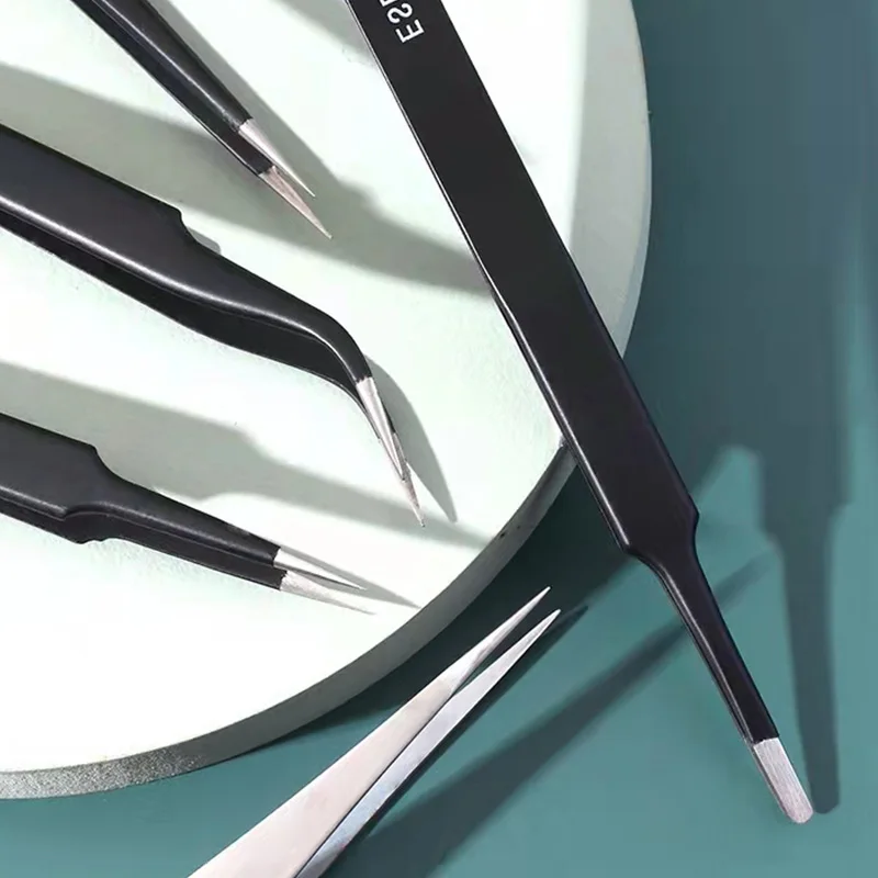 Pinzas antiestáticas de acero inoxidable, juego de pinzas profesionales para cejas, herramienta de reparación de precisión Industrial, rectas y curvadas