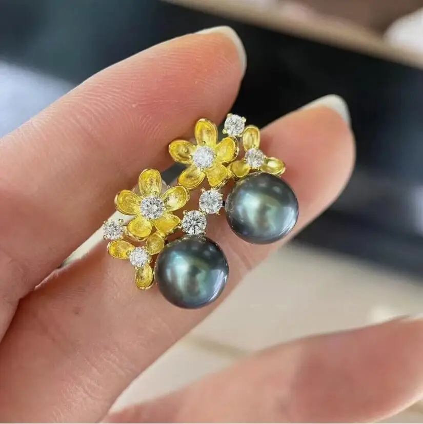 

elegant 9-10mm tahitian round black green pearl dangle earring 925s