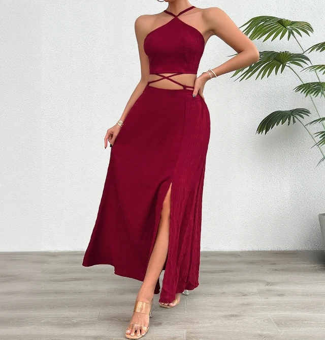 Fashion Summer 2024 Women's Sexy Pure Desire Strapless Dress Set Tight and Sexy Split Elegant Party Two-Piece Set