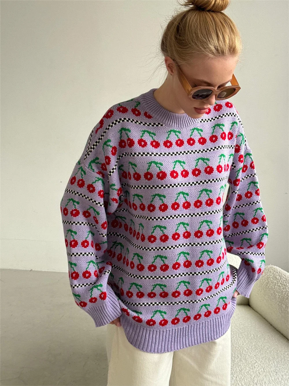 Casual Pink Print Cherry Sweater for Women 2024 Autumn Winter Retro O Neck Long Sleeve Pullover Female Knitted Top Streetwear