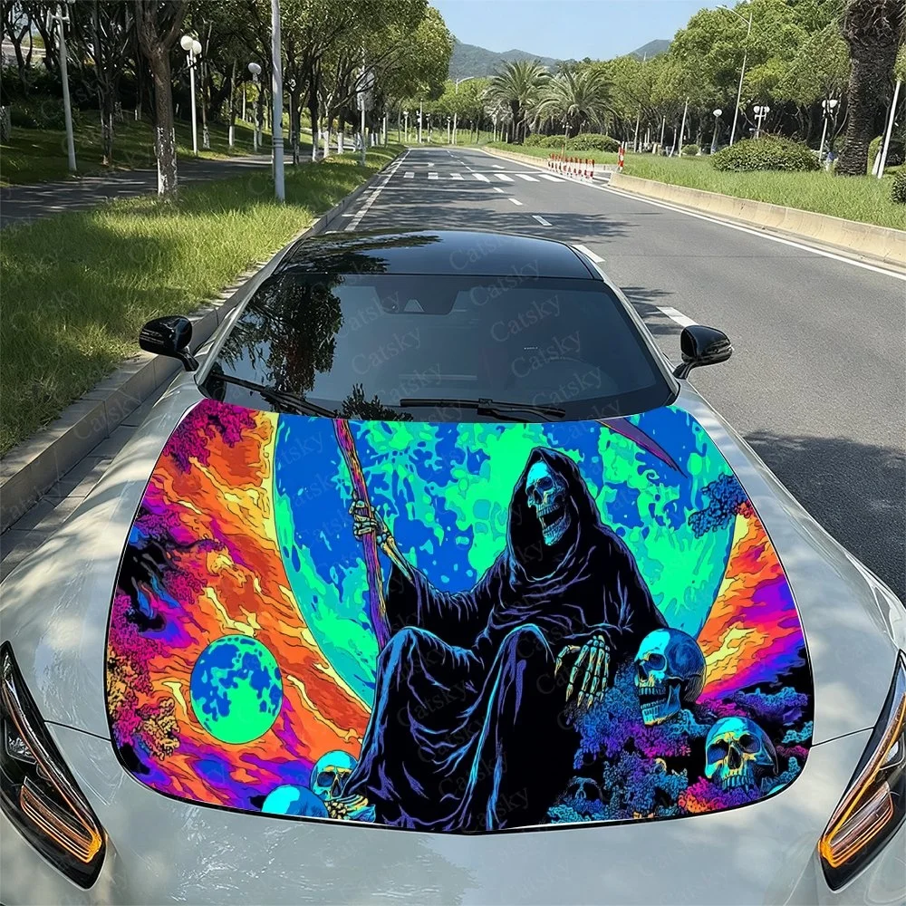 

Vibrant hood wrap featuring grim reaper amid cosmic skulls and surreal neon landscapes for bold automotive style.Car hood sticke