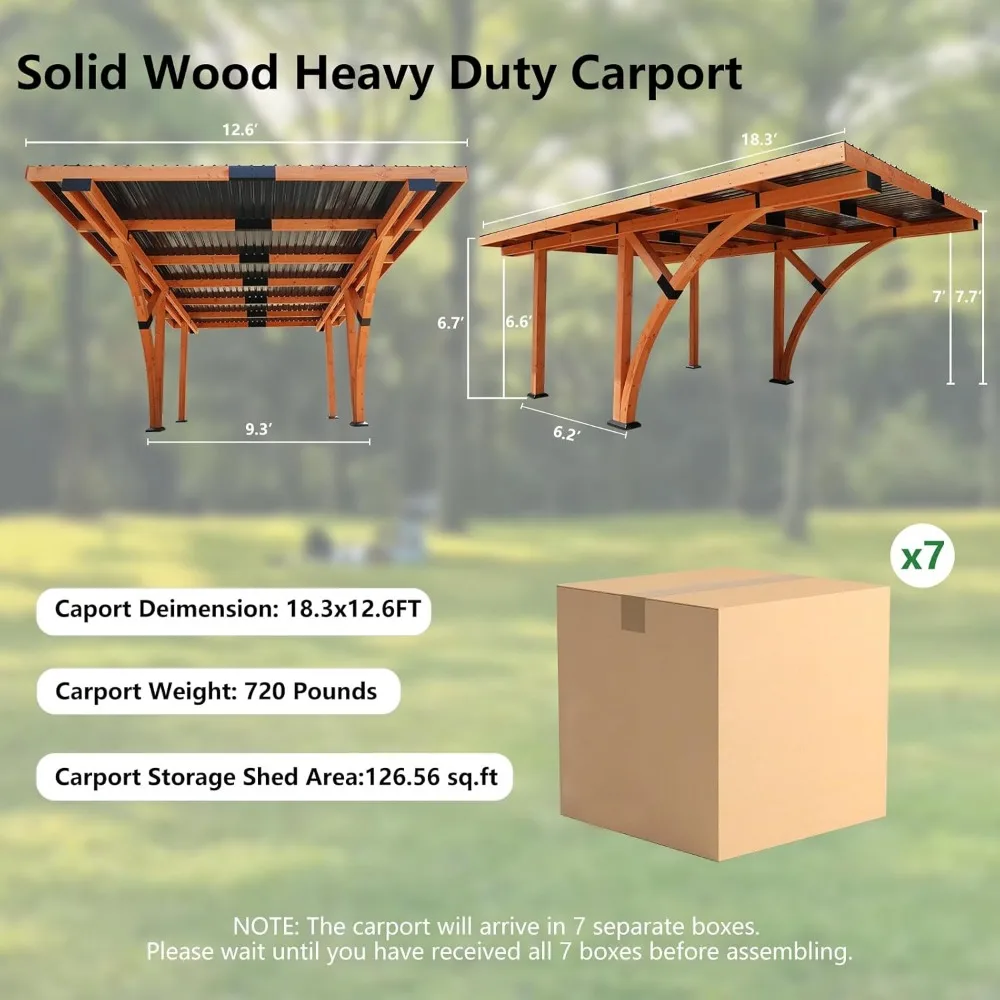 18.3x12.6ft Wooden Pergola Carport Garage, Heavy Duty Gazebo Car Shelte with Metal Roof, Curved Wood Car Port