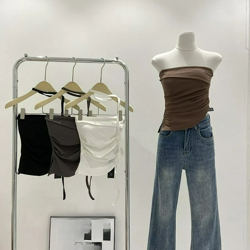 

2025 Черная простая майка с ремешком на нижней части, универсальная женская весенне-летняя однотонная юбка с подушкой на груди