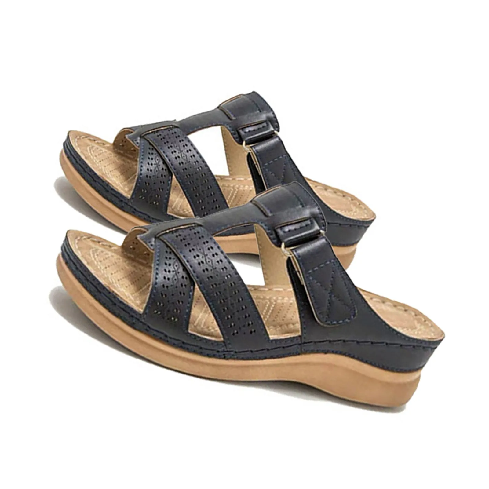 صنادل نسائية كلاسيكية ذات نعل سميك سهلة الارتداء عند أصابع مفتوحة، صنادل جلدية مريحة للمشي على الشاطئ مع دعم قوس للصيف