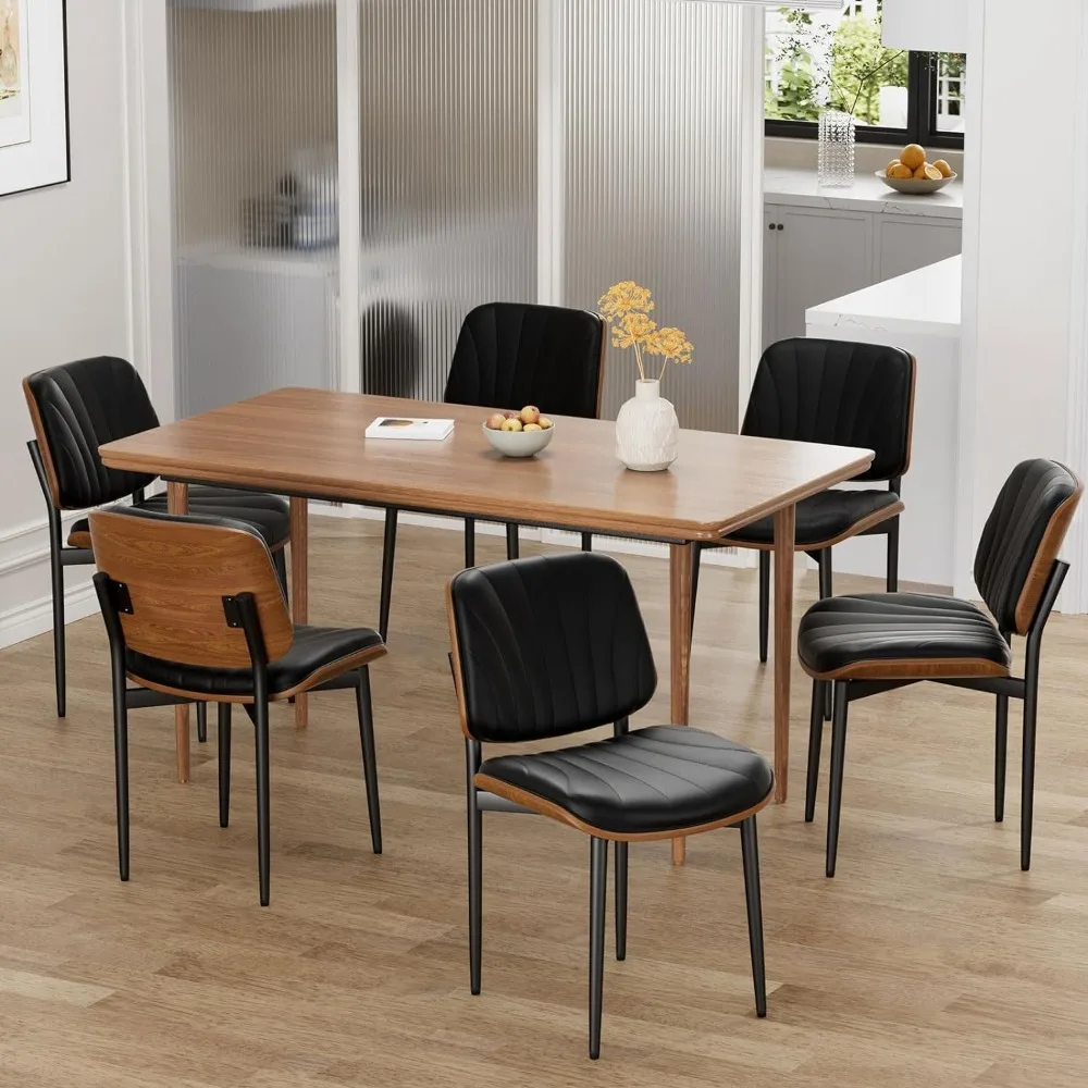 

Dining Room Sets, Set of 6, Mid-Century Modern Upholstered PU Leather Chairs with Walnut Back, Dining Room Sets