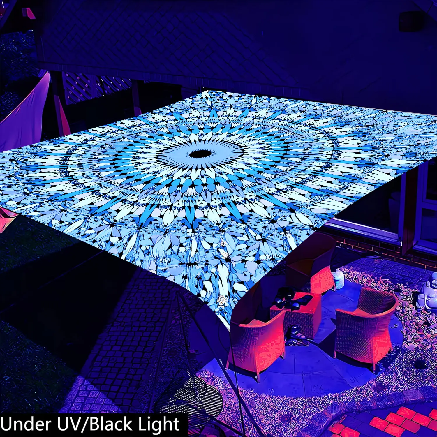 

1-piece hypnotic blue and purple mandala awning with an intricate geometric pattern for a glowing fluorescent effect at night