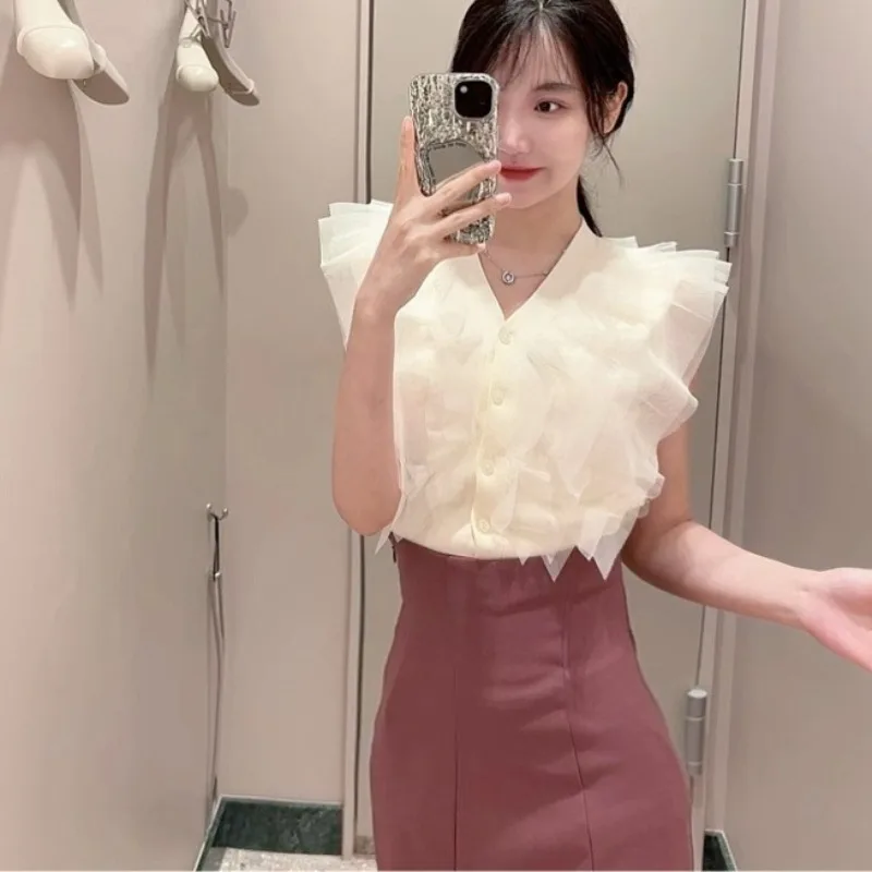 

Flying Sleeve Cardigan Sweet V Neck Sleeveless Patchwork Jumper Knit Voile Single Breasted Japanese Fresh Ruffles Sweaters