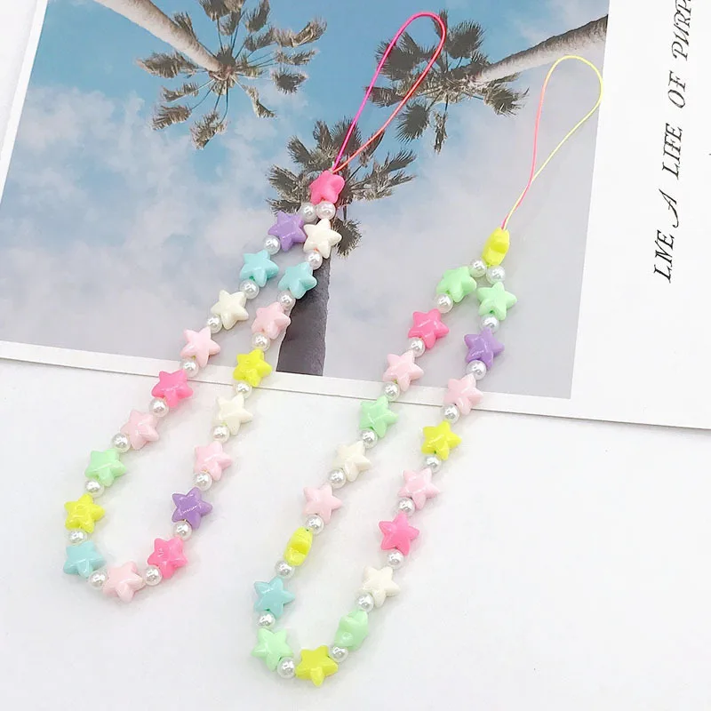 Five-Pointed Star Mobile Phone Lanyard, Beaded Chain, Candy-colored Jewelry Accessories, Pendant, Korean Version, New