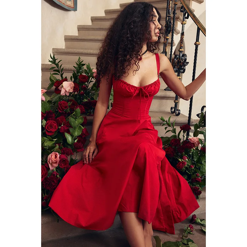 

European and American Summer New French Style Elegant Casual Strap Waist Slimming A Swing Strap dress Women