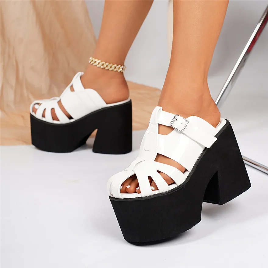 Women Fashion Thick Sole Buckle Flip Flops Patent Leather Hollow Baotou Casual Shoes High Heels Female Platform Outdoor Slippers