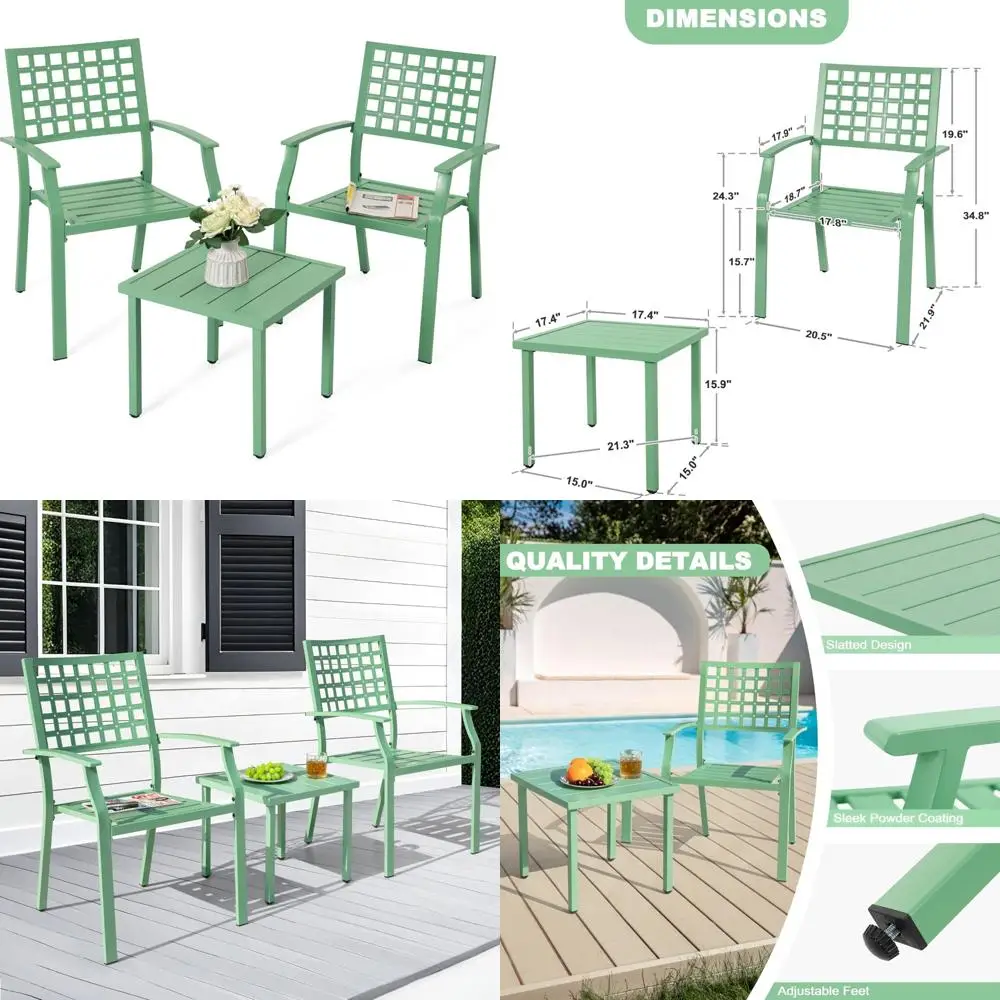 مجموعة أثاث الفناء الخارجي لجميع الأحوال الجوية - بيسترو مكون من 3 قطع مع كراسي معدنية قابلة للتكديس وطاولة مربعة، مقاومة للماء ومتينة #1