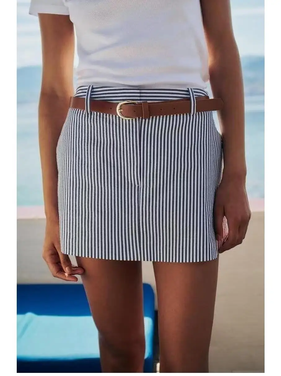 

Faionable Slim Fit Stripe Skirt Pants with Belt And ket Decoration Work Warehouse Summer 2024 Women's Faion