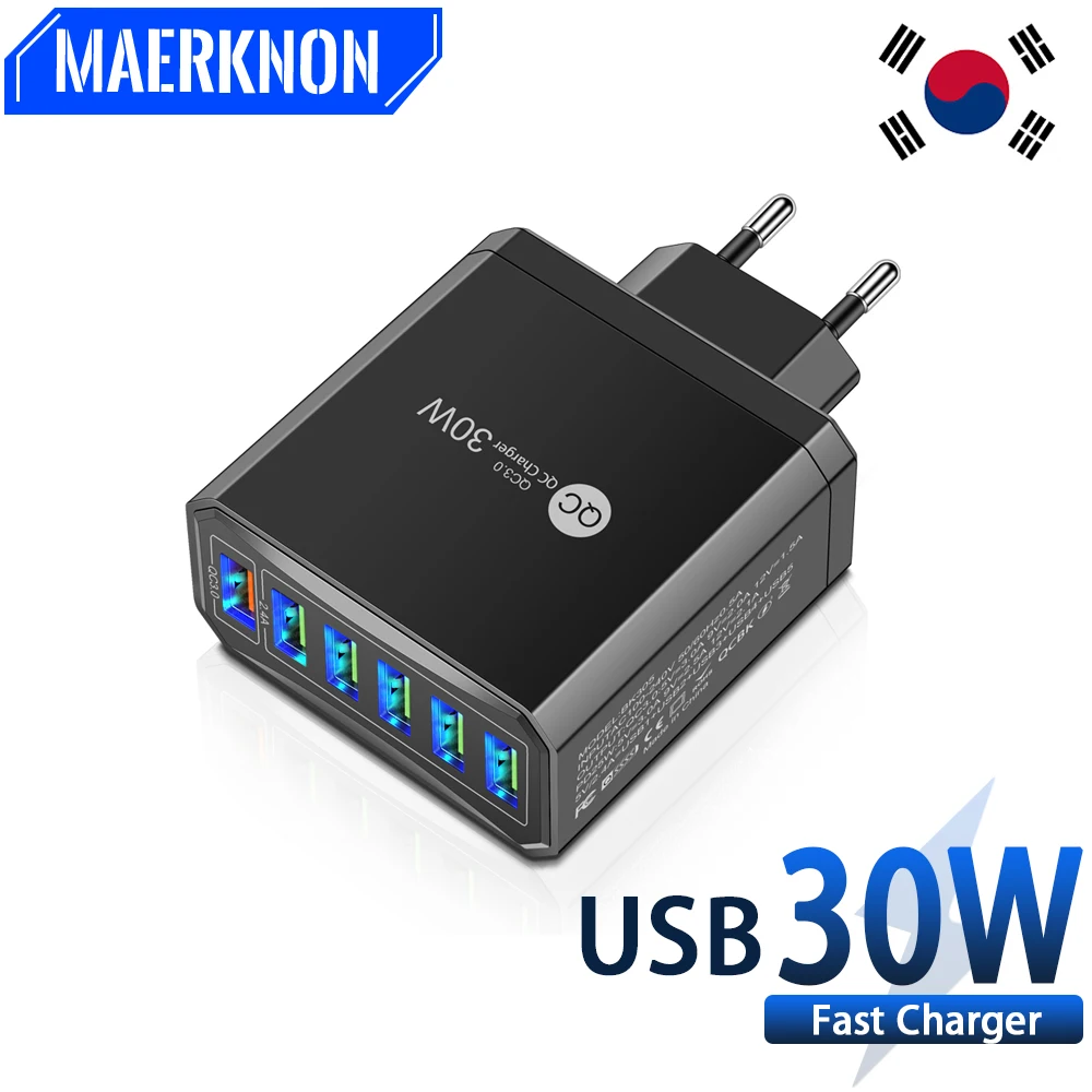 30W KR Plug Usb Charger Phone Charger 6 Port Fast Charging For IPhone 11 12 Pro Max Xiaomi Samsung Quick Charge Portable Charger