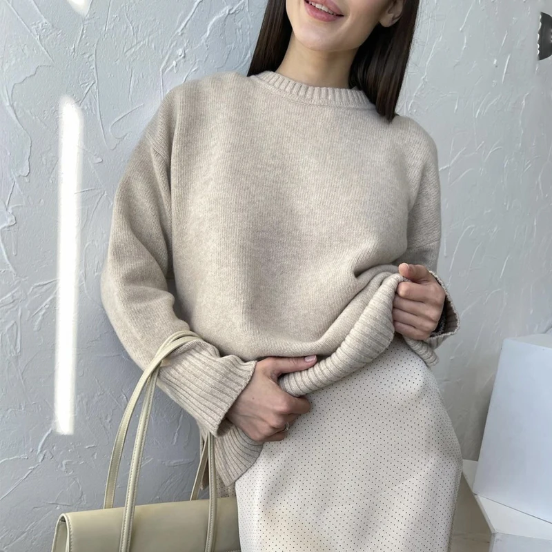 Hirsionsan Basic Khaki Knitted Cashmere Sweaters Women 2023 New Winter Loose Solid Ladies Pullovers Warm Casual Knitwear Jumper