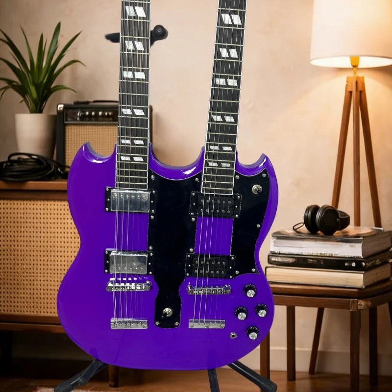 Bright Purple SGS Double Neck 12 Strings 6 Strings Electric Guitar Solid Wood Body 2-in-1 Mahogany Body White Square Shell
