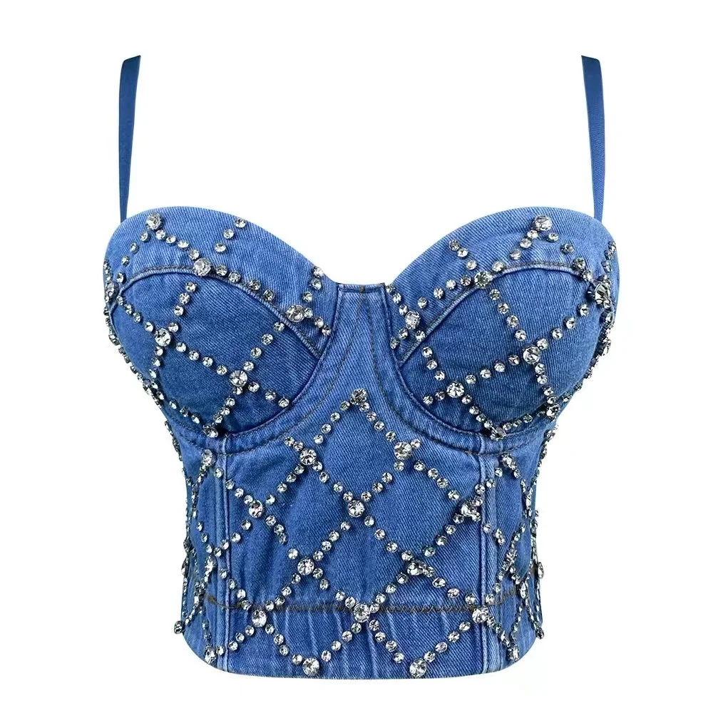 2024 New Autumn Denim Rhinestone Cropped Sexy Women Top With Cups Push Up Camisole Bustier Corset Female Performance Ropa Mujer