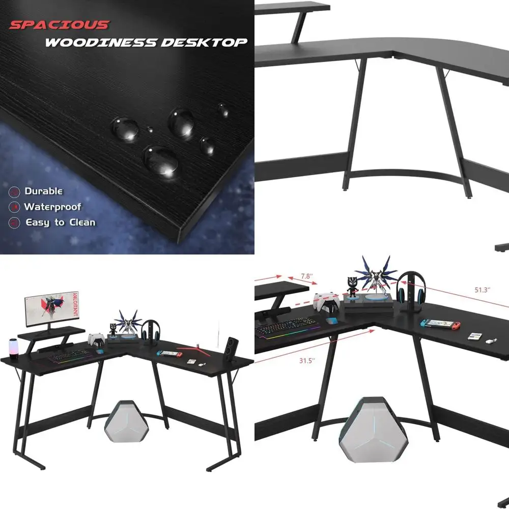 

Sturdy 51 L-Shaped PC Desk with Large Monitor Stand for Gaming and Home Office (Classic Black)