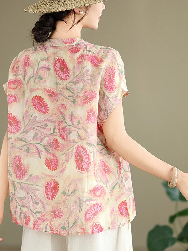 Sommer Neue Sle Chinesische Taste Baumwolle Leinen Druck Seite Taste Stehkragen Casual irt plus Größe frauen Faion Künstlerische