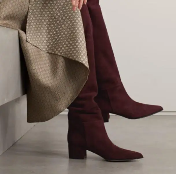 Winter Black Brown Burgundy Fur Warming 45 mm Square Heels Over The Knee Boots Women Leisure Pointed Toe Suede Long Botas Shoes