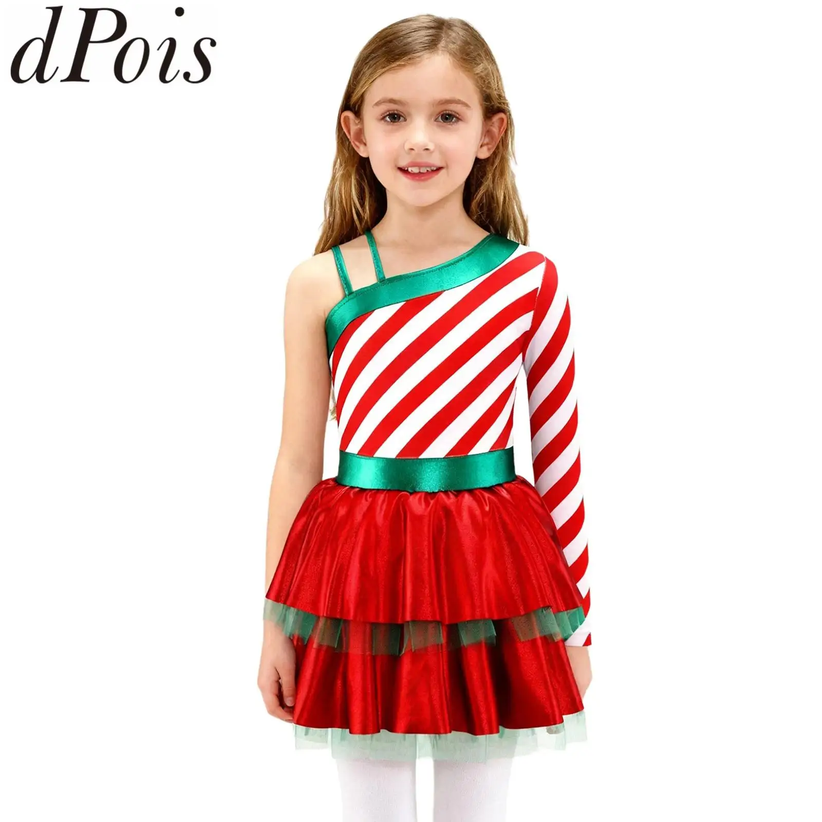 Vestito da tutù da elfo di Natale con paillettes per ragazze, balletto, pattinaggio, danza, body, un shouder, grande fiocco, costume da spettacolo per feste di carnevale