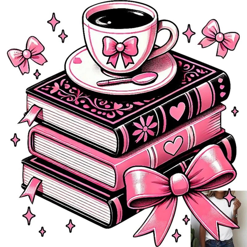Sweet Style Books Coffee Cup Bow Heat Transfer White Ink Iron - on Transfer, Suitable for T - shirts & Canvas Bags, for Daily
