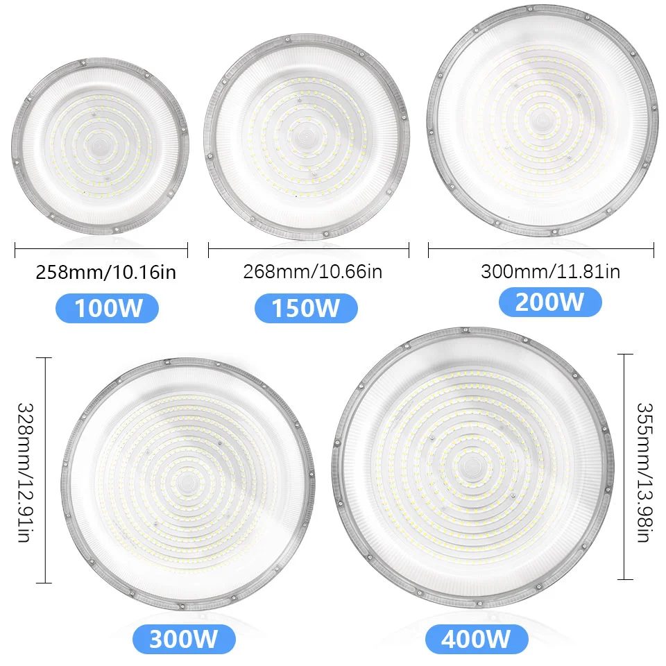 Luz de alta baía UFO LED 110V / 220V 100W 150W 200W 300W 400W Luz de garagem à prova d'água Iluminação industrial super brilhante para fábrica