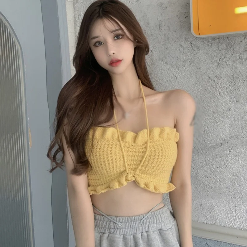 Bez ramiączek Off Shoulder Tube Tops Women Sexy Front Tie-up Ruffles Solid Color Crop Top Summer Party Beach Tank Knitted Vest