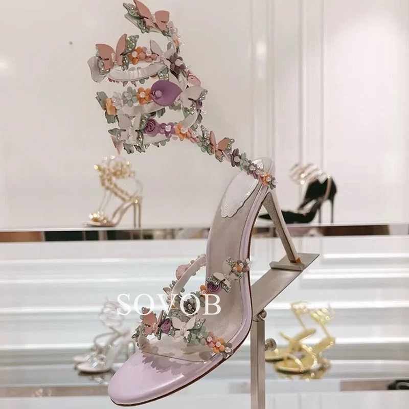 Summer Flower Design Narrow Band Hollow Out Sandals Women's Free Adjustment Ankle Strap Sandalias Party Banquet Dress Shoes 2024