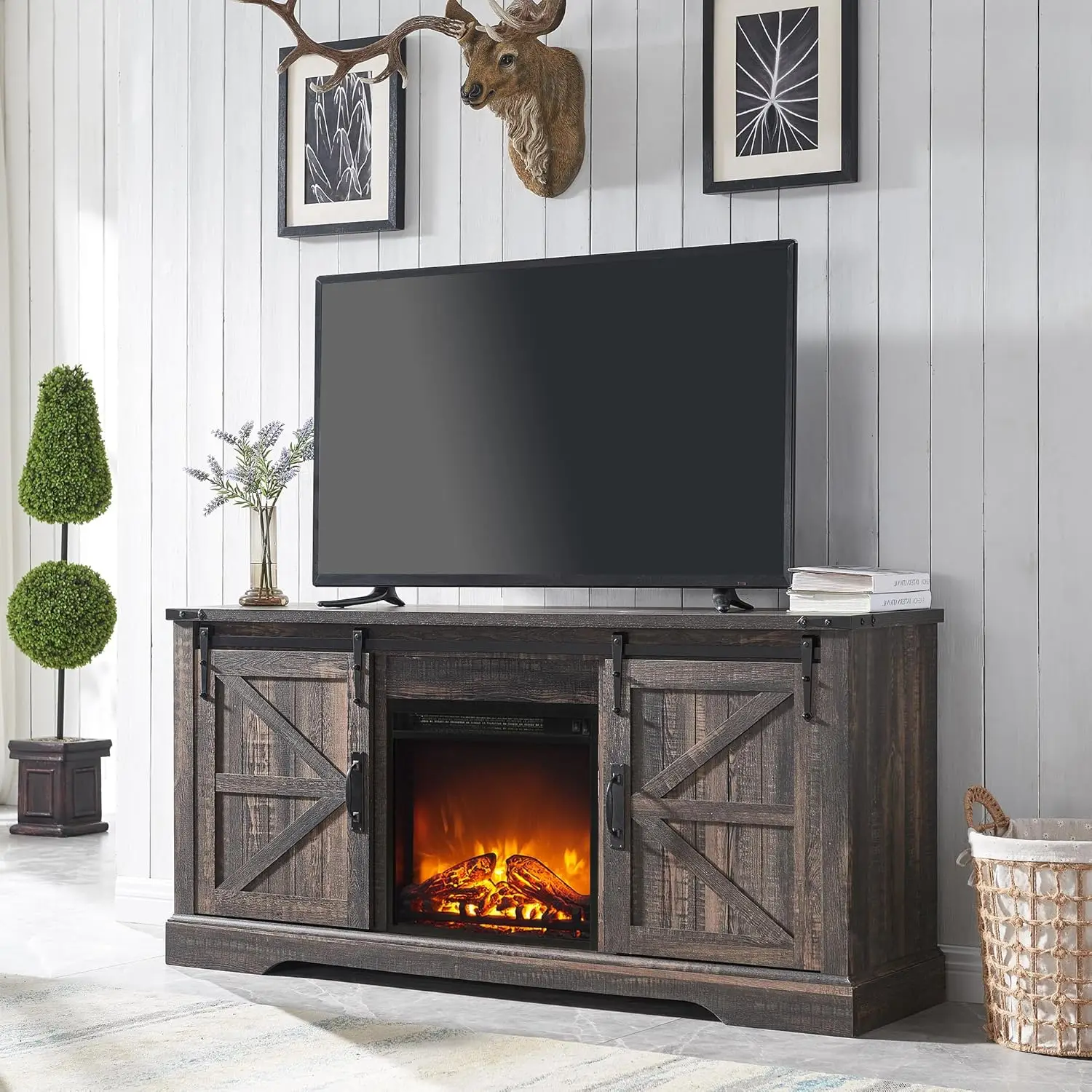 OKD Farmhouse Electric TV Stand for 65+ Inch TV, Rustic Entertainment Center with 18