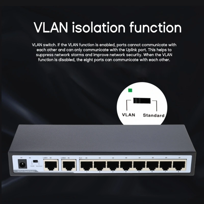 Sakelar 10-Port 8 Port+2 Uplink 120W Daya Bawaan 10/100/1000M VLAN Lsolasi Penuh/SetengahDupleks