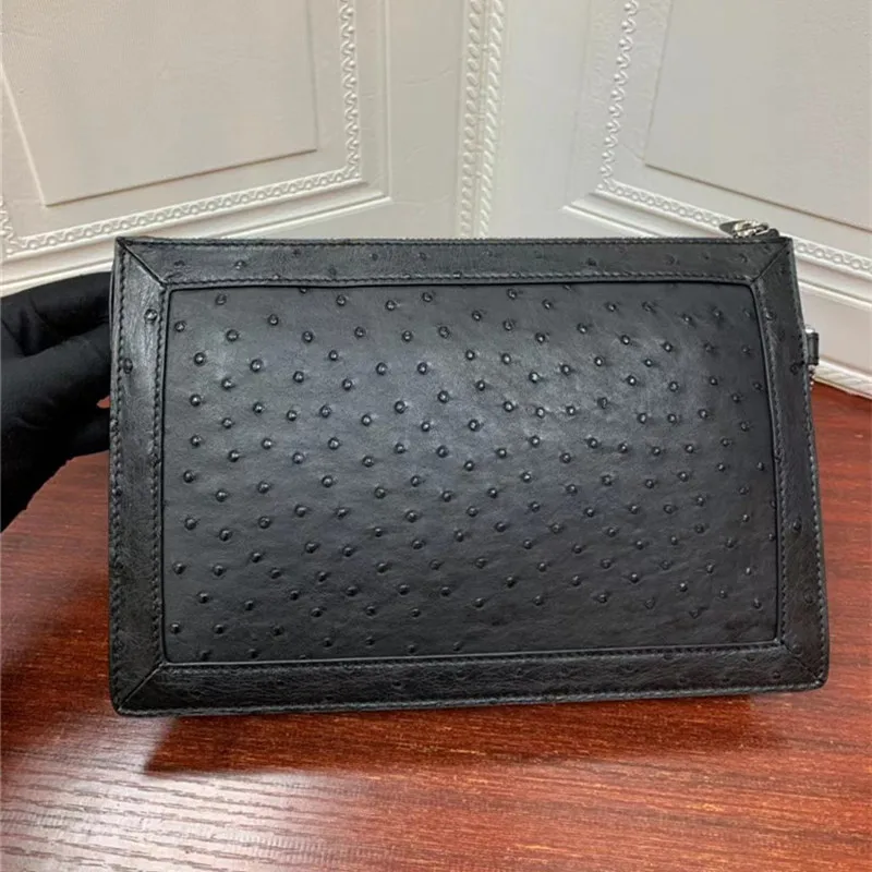 

Authentic Real Ostrich Skin Classic Solid Black Men's Envelop Clutch Purse Genuine Exotic Leather Male Large Wristlets Pouch Bag