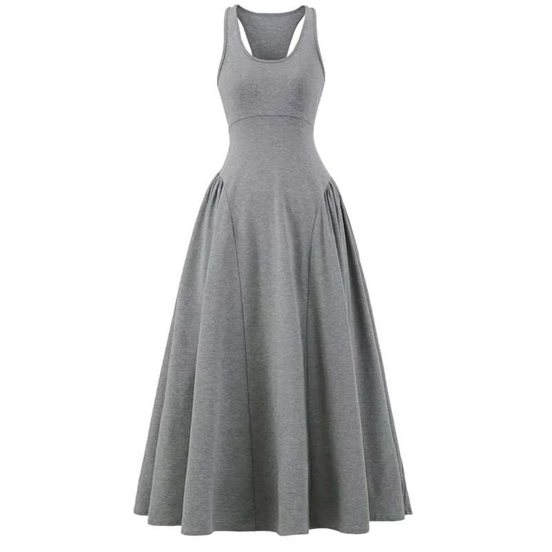 HKSH 春夏新作 レディース タイドシック インファッション エレガント スリムフィット タンクドレス 無地 ノースリーブ Aライン ロングドレス HK5629