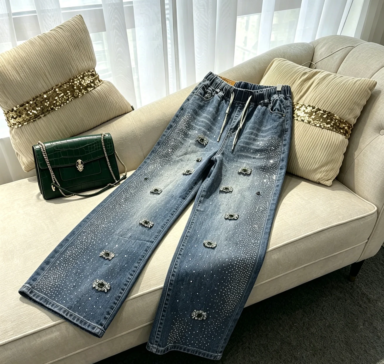 Luxury Gemstone Diamonds Hot Drilling Fashionable Drawstring Elastic Waist Straight Jeans All-match Women Loose Denim Trousers