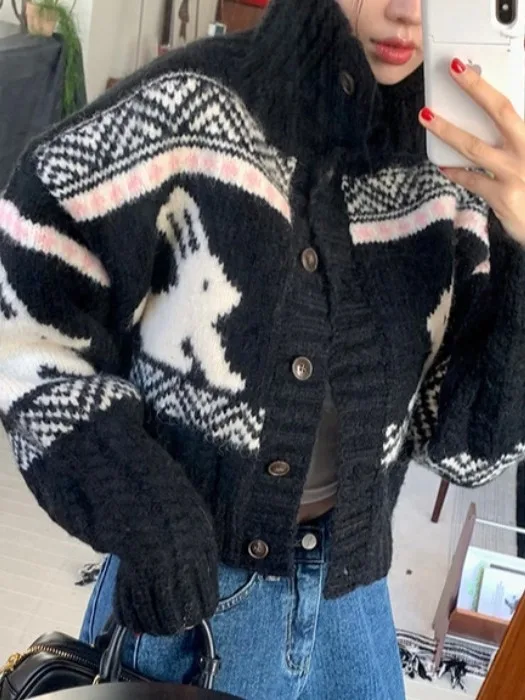 

Chic Rabbit Embroidery Long Sve Stand Collar Single Button Sweater Coat Women's Winter Warm Outerwear Youthful Flair