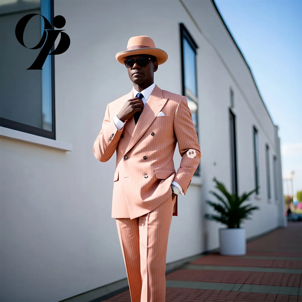 

Opeodly Men's Pink Pinstripe 2-Piece Suit Slim Fit Double Breasted Traje para Hombre for Wedding Prom and Formal Events