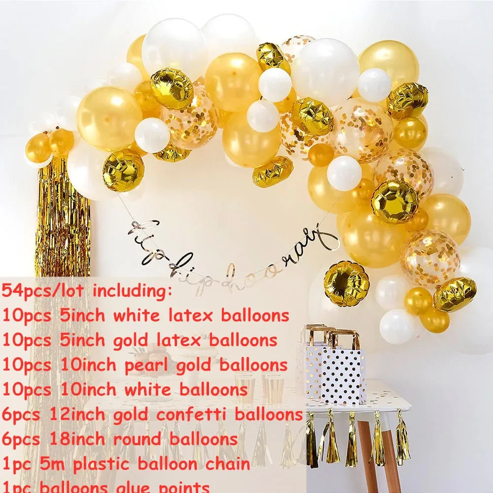 54pcs Pearly Gold Balloon chain Arch Kit White Garland Confetti Balloons Baby Shower Birthday Wedding Party Backdrop Decoration